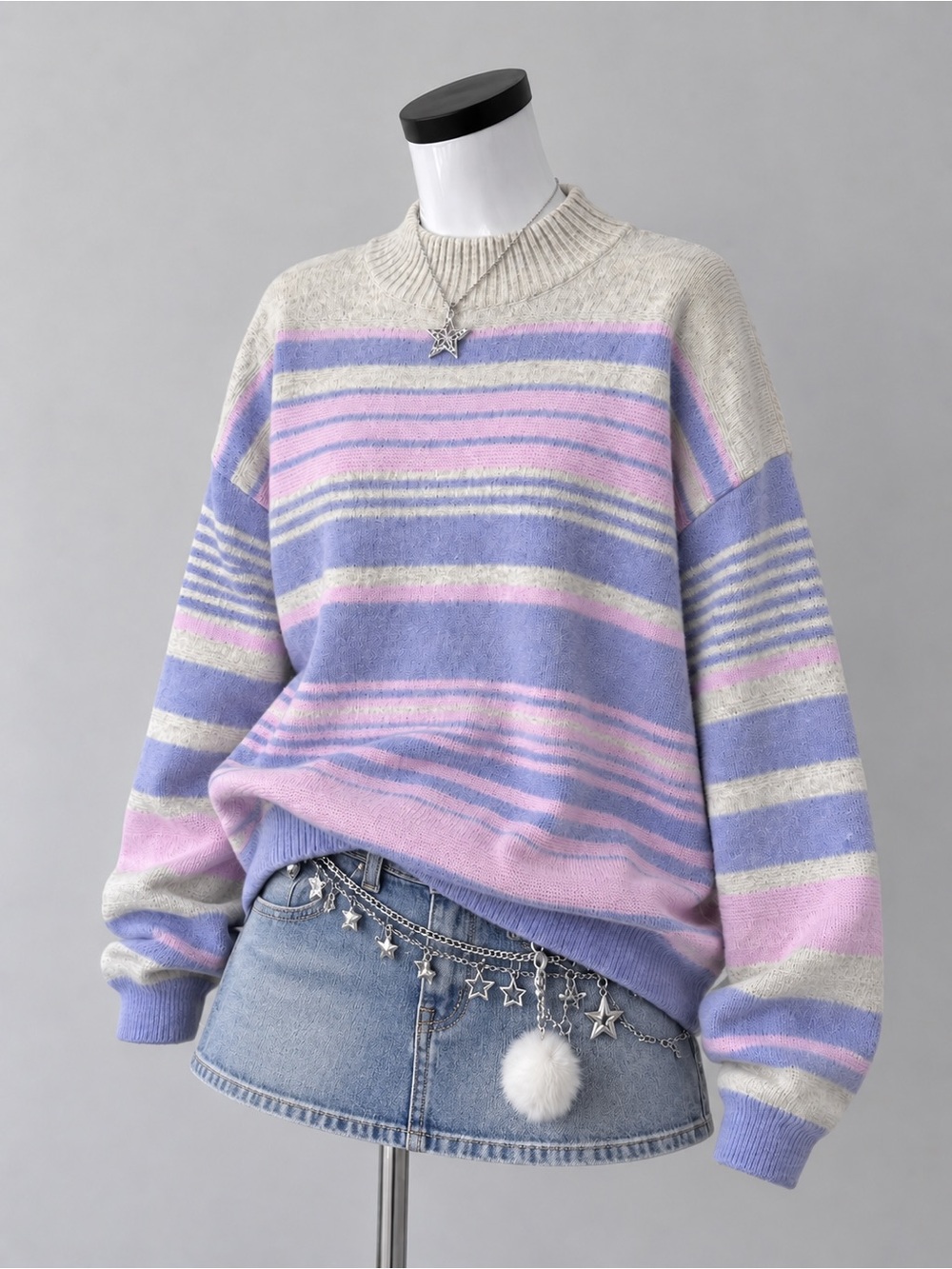 Northern Reflections Pastel Lavender and Pink Striped Crewneck Sweater